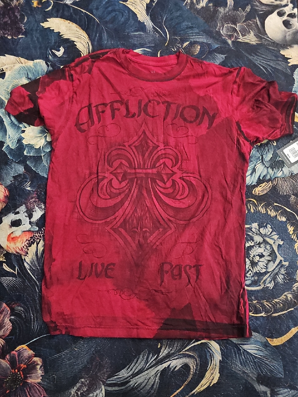 Affliction Men's Red Graphic Crew Tee with Black Print